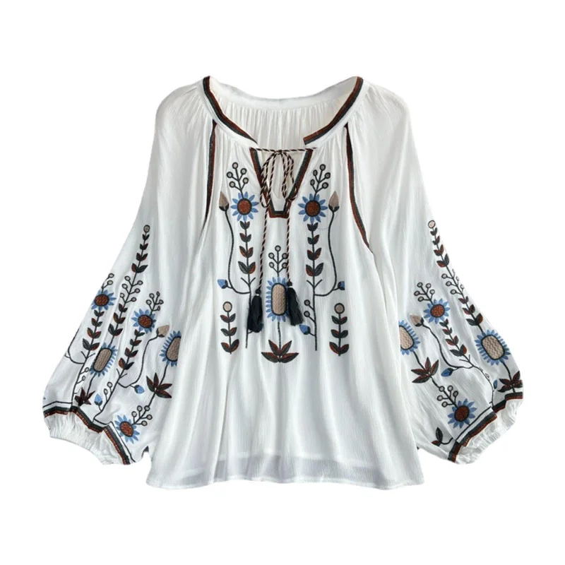 Embroidery Blouse for Women Pullover Casual Women's Mexican Embroidered Tops White Deep Neck Pullover