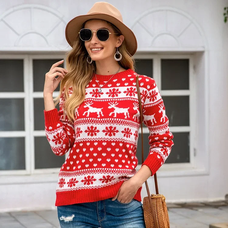 Women Winter Casual Christmas Snowflake Pattern Round Neck Long Sleeve Knitted Sweater Satin Blend Silk Blend Wool Blend