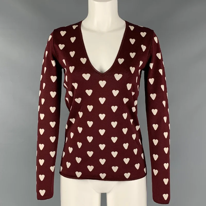BURBERRY PRORSUM Size S Brown Silk Blend Print V-Neck Sweater Thin Thick Dense