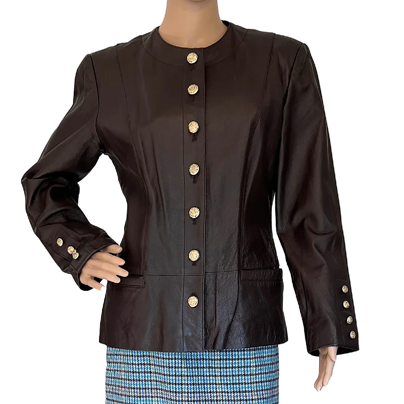 Women's Spiegel Brown Leather Button Front Suit Jacket Blazer, Size 6 Jacket Blazer Coat