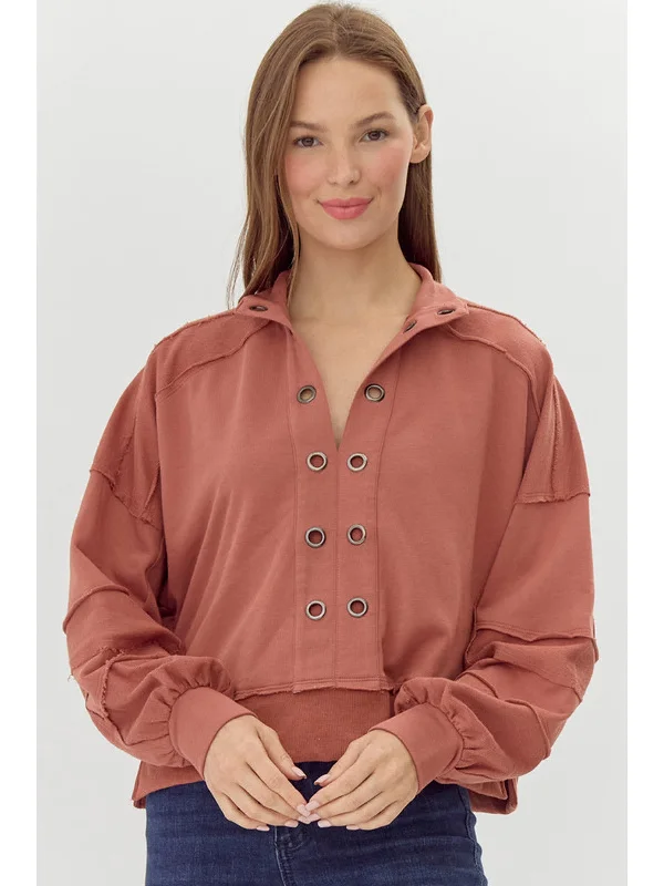 Eyelet Patch Cropped Pullover in Dark Mauve by Jodifl Honey Neck Pullover