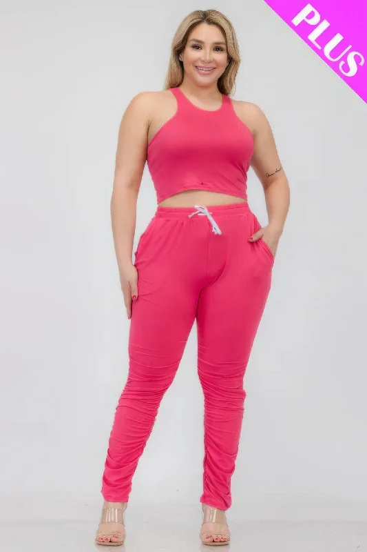 Plus Size Crop Tank Top & Ruched Pants Set rhinestone tank top
