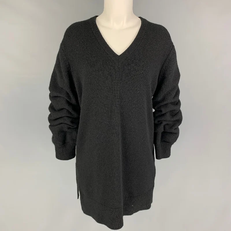 MICHAEL KORS COLLECTION Size M Black Cashmere Ruched V-Neck Sweater Bright Pastel Dark