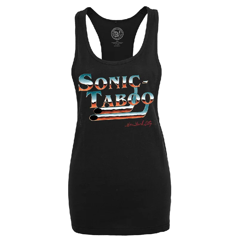 Sonic Taboo - Chrome Logo Women’s Racerback Tank Top - Black halter tank top