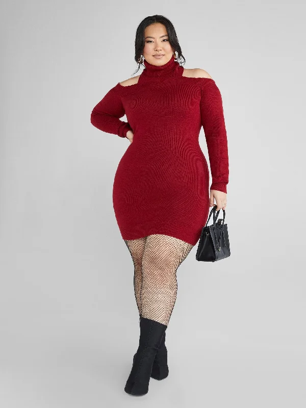 Fashion To Figure - Adela Cold Shoulder Turtleneck Sweater Dress Embroidered Appliqued Beaded
