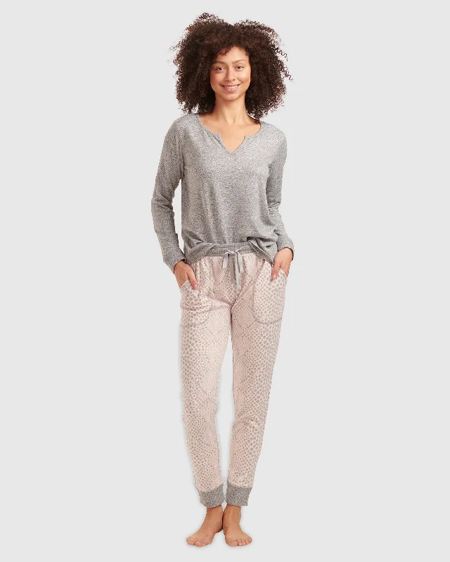 Abstract Pink Animal Print Split Neck Pullover PJ Set Soft Wool Sweater