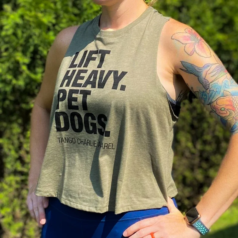 Lift Heavy. Pet Dogs. - Women’s Racerback Crop Tank v-neck tank top