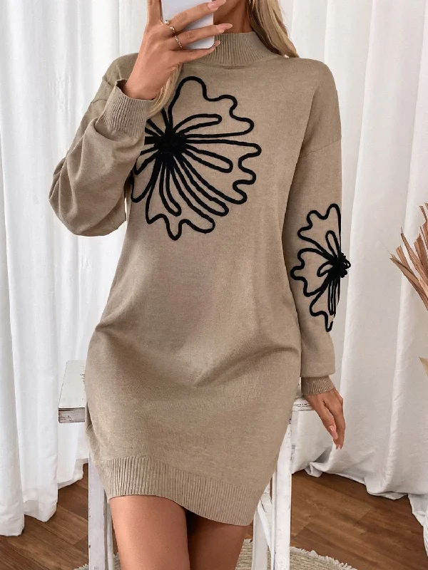 Perfee Flower Mock Neck Long Sleeve Sweater Dress Anti-Pilling Anti-Shrink Durable