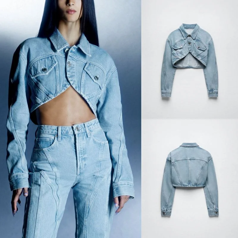 Women Fashion Long Sleeve Irregular Hemline Cropped Denim Jacket Top Nylon Fabric Polyester Fabric Spandex Fabric