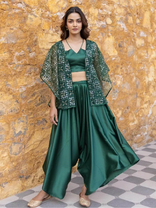 Green Satin Coord Set with Embellished Organza Jacket Denim Fabric Leather Fabric Suede Fabric