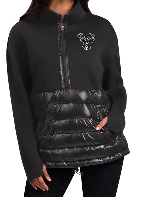 Women's G-III 1/2 Zip Pro Ball Black Milwaukee Bucks Pullover Chenille Soft Sweater