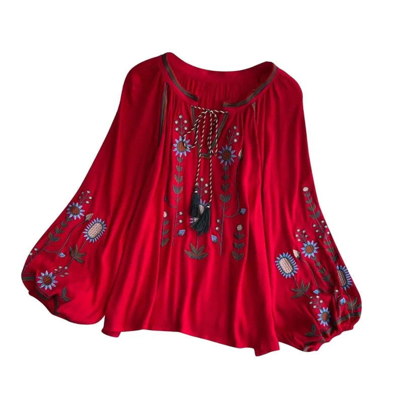 Embroidery Blouse for Women Pullover Casual Women's Mexican Embroidered Tops Red Besom Neck Pullover
