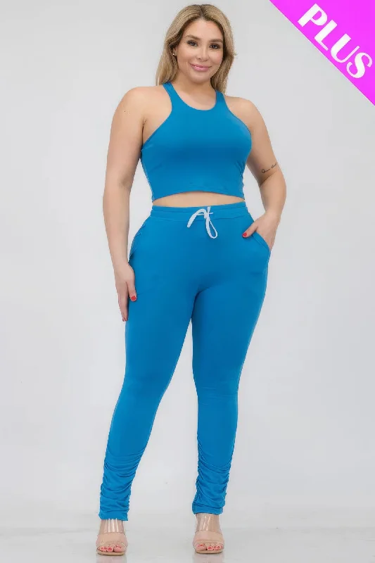 Plus Size Crop Tank Top & Ruched Pants Set glitter tank top