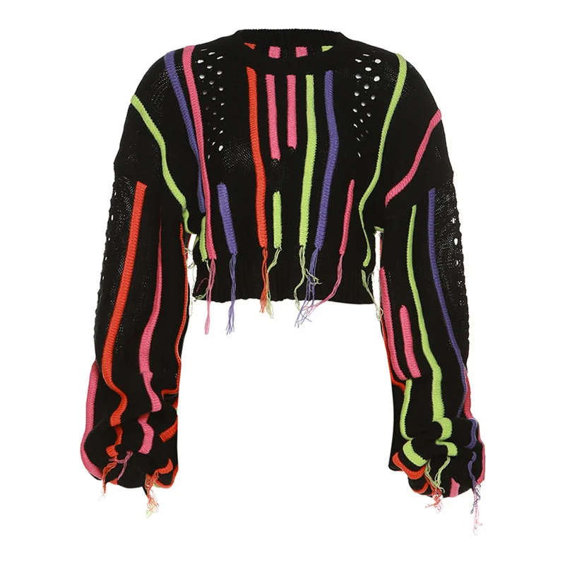 Women'S Fashion Color Block Fringed Sweater Cotton Fabric Linen Fabric Terry Fabric