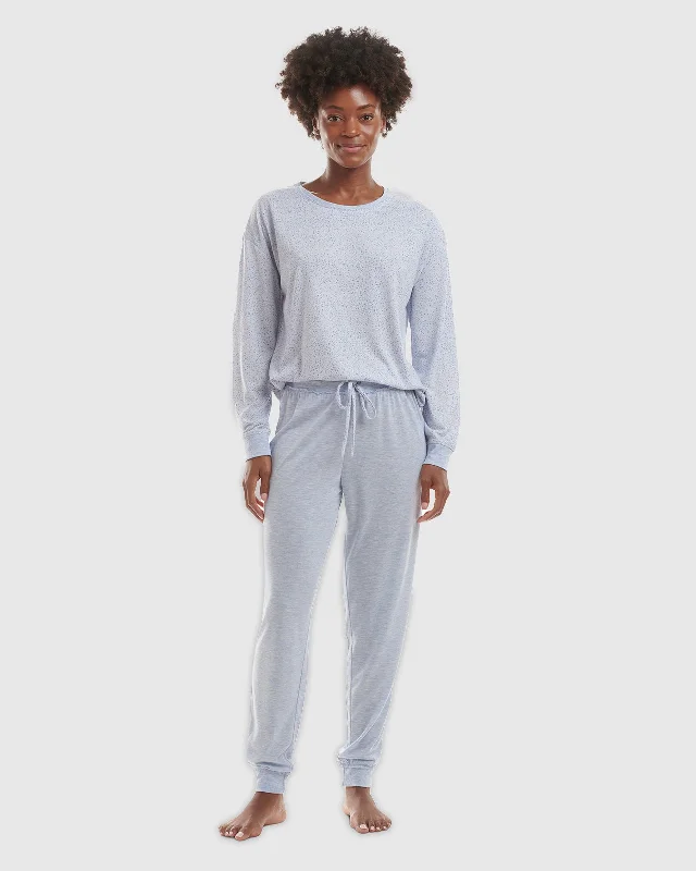 Speckled Light Blue Heather Pullover Jogger PJ Set Shawl Collar Sweater