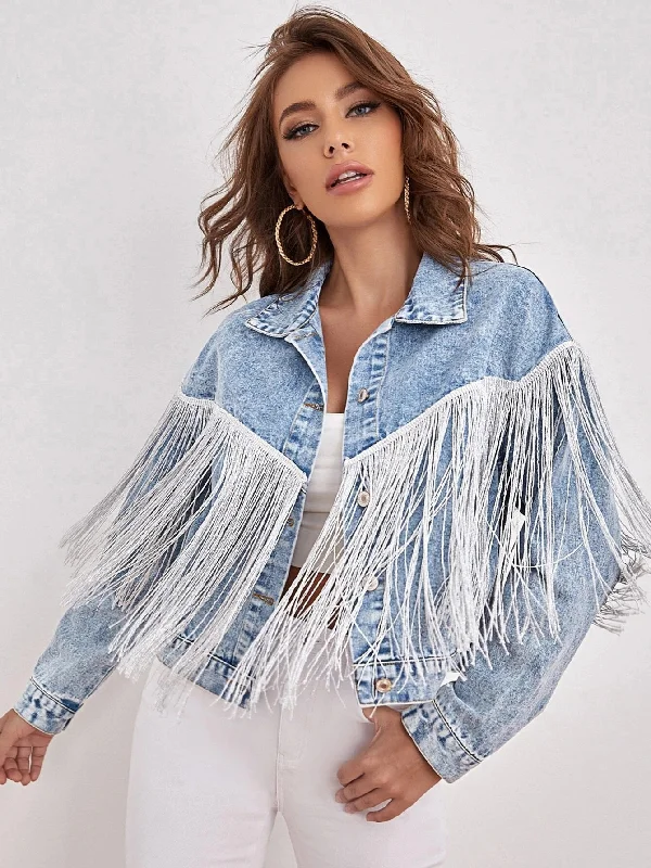 Women Fashion Casual Tassel Denim Jacket Striped Jacket Polka Dot Jacket Floral Jacket