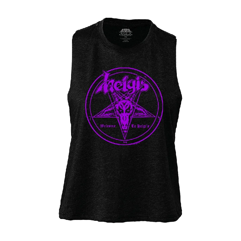 Helgi's - Welcome To Helgi's Purple Logo Women's Crop Tank Top - Black summer tank top