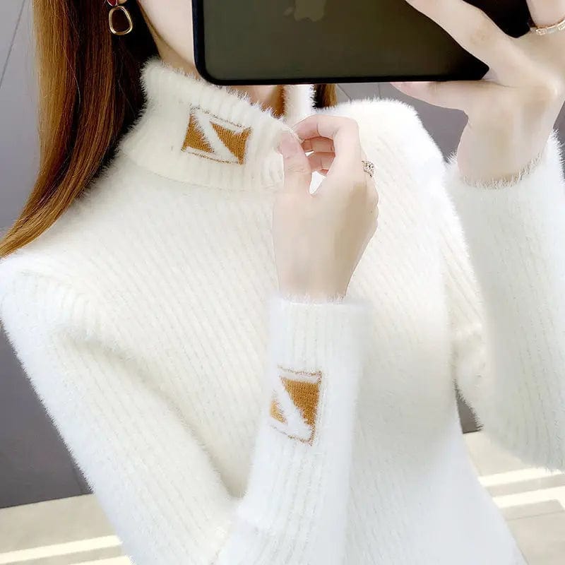 High Collar Pullover Sweater Women Mink Letter Jacquard Underlay Solid Western Knit Undercoat Autumn Winter Pullover Sweater Elbow Length Sleeve