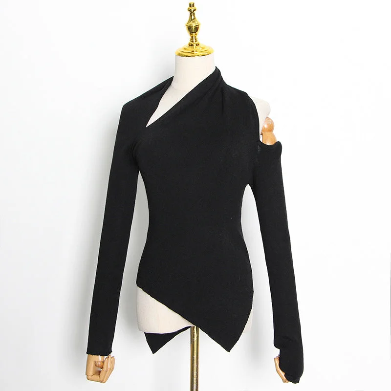 Women Sweater Asymmetry  Shoulder Sweater Black White Vintage Sexy Irregular knitting Pullover 2022 New Wide Sleeve Pullover