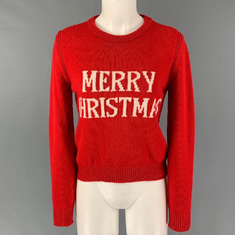 ALBERTA FERRETTI Size 4 Red White Virgin Wool Cashmere Sweater Handmade Hand-knitted Hand-woven