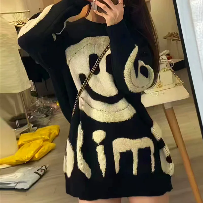 Women Fashion Winter Loose Plush Smiley Knitted Sweater Terry Terry Cloth Terry Knit