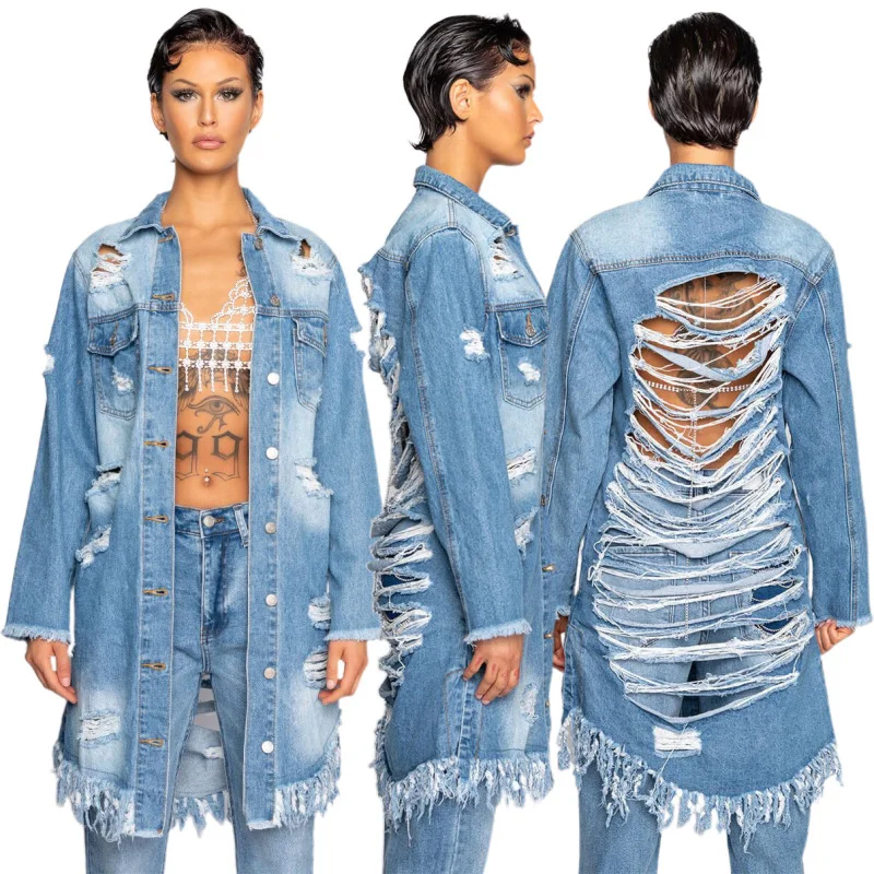 Women'S Fashion Ripped Fringed Long Sleeve Denim Jacket Wool Jacket Cashmere Jacket Tweed Jacket