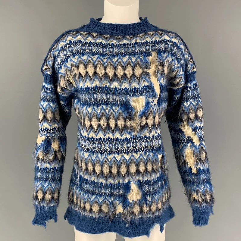 MAISON MARGIELA SS 22 by John Galliano Size L Blue White Wool Cotton Fair Isle Sweater Satin Blend Silk Blend Wool Blend