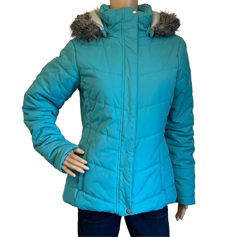 Columbia Women's Quilted Jacket - Size L - Turquoise Blue, Faux Fur Hood Trench Coat Raincoat Waterproof Jacket