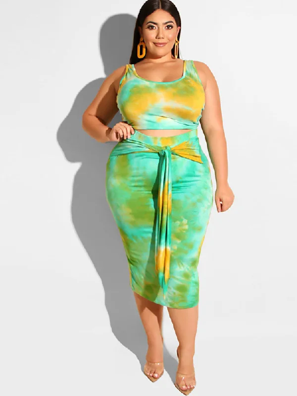 Plus Size Two Piece Tank Top & Midi Dress Outfits lime green tank