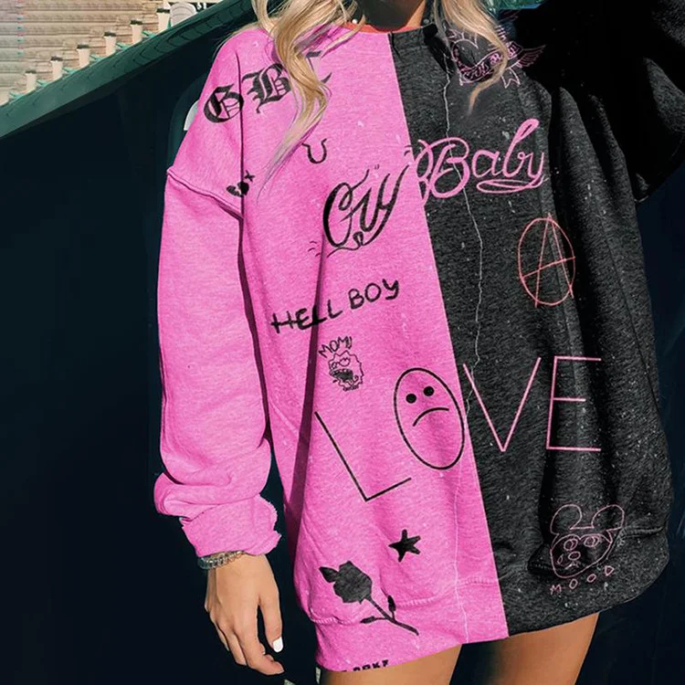 Women Color Blocking Sun Moon Print Pullover Loose Sweatshirt Textured Knit Design