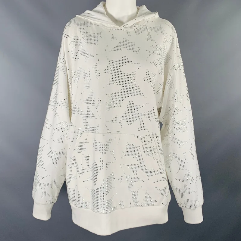 DAVID KOMA Size S White Silver Cotton Floral Rhinestone Hooded Sweater Nylon Fabric Polyester Fabric Spandex Fabric