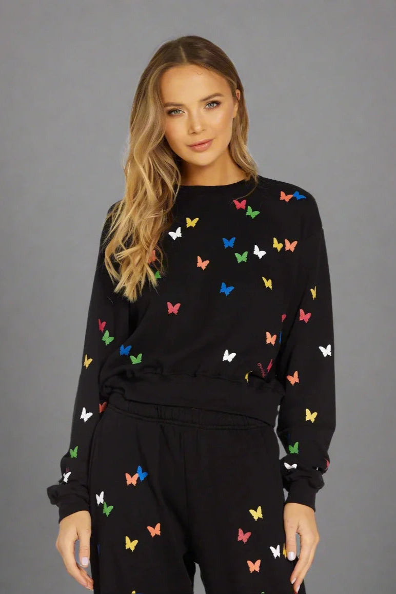 Lauren Moshi Spalding Mini Butterflies Crop Sweater Striped Floral Plaid