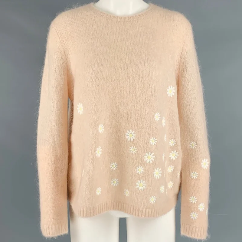 LA MAILLE SEZANE Size S Pink White Mohair Blend Embroidered Sweater Notch Collar Peter Pan Collar Cowl Neck