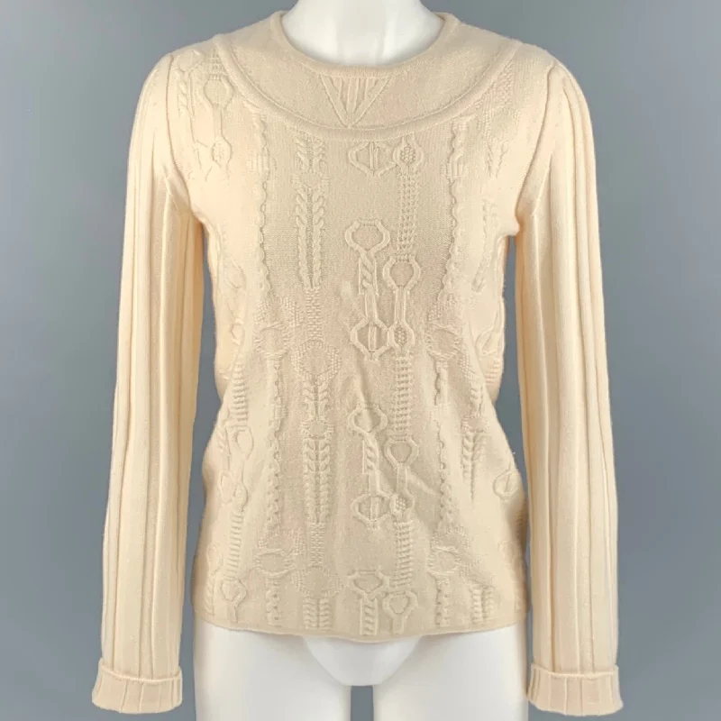 HERMES Size 6 Cream Virgin Wool Textured Sweater Iron Safe Non-Iron Wrinkle Free