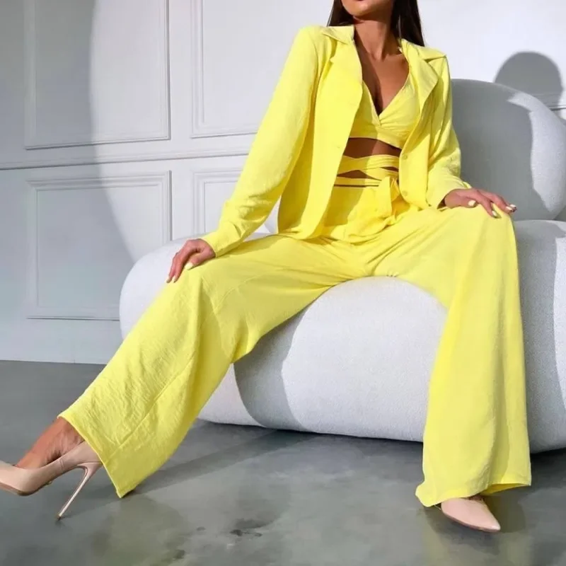 Women Fashion Casual Solid Color Camisole Top Suit Jacket Pants Three-Piece Set Belted Jacket Elasticated Jacket Padded Jacket