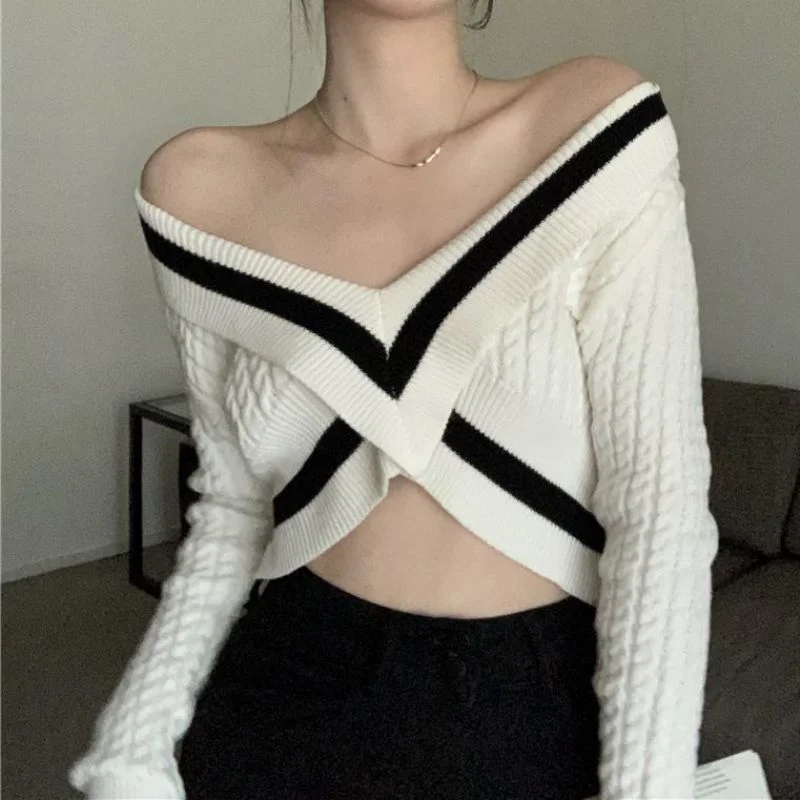 Women Fashion Summer Off-Shoulder Color Blocking Knitted Cropped Sweater Satin Fabric Silk Fabric Chiffon Fabric