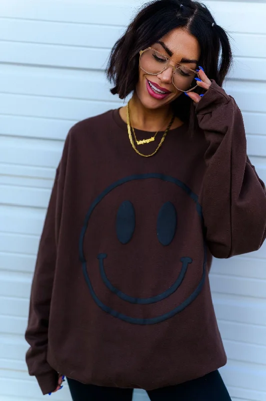 The World Needs Your Magic Puff Print Pullover in Mocha + Black Open Neck Pullover
