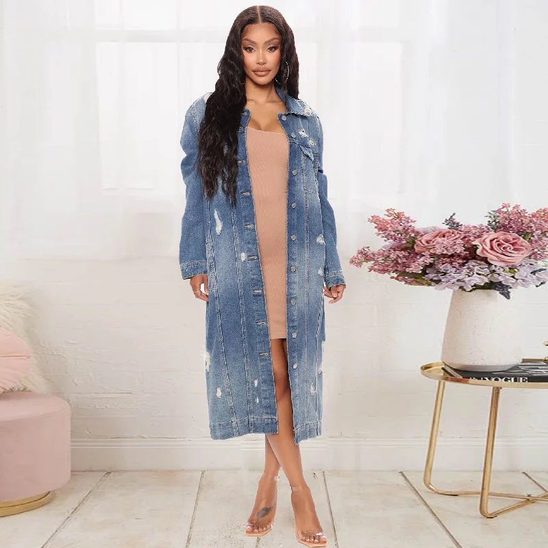 Women'S Fashion Ripped Long Sleeve Denim Jacket Tiered Jacket Buttoned Jacket Zippered Jacket