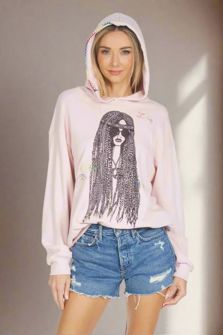 Lauren Moshi Harmony Hippie Girl Hooded Sweater Glossy Satin Silk