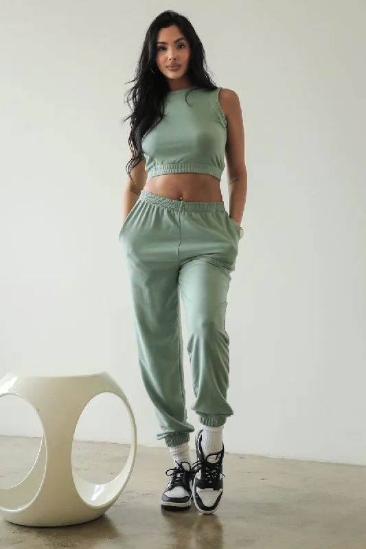 French Terry Tank Top and Joggers Set with Elastic Waist low neck tank