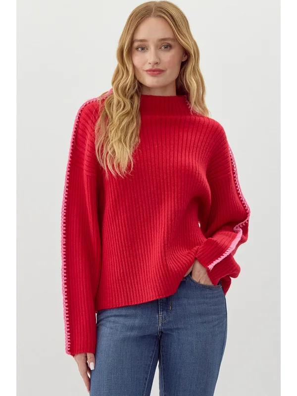 Ribbed Knit Pullover Sweater in Red/Pink by Jodifl Lapel Neck Sweater