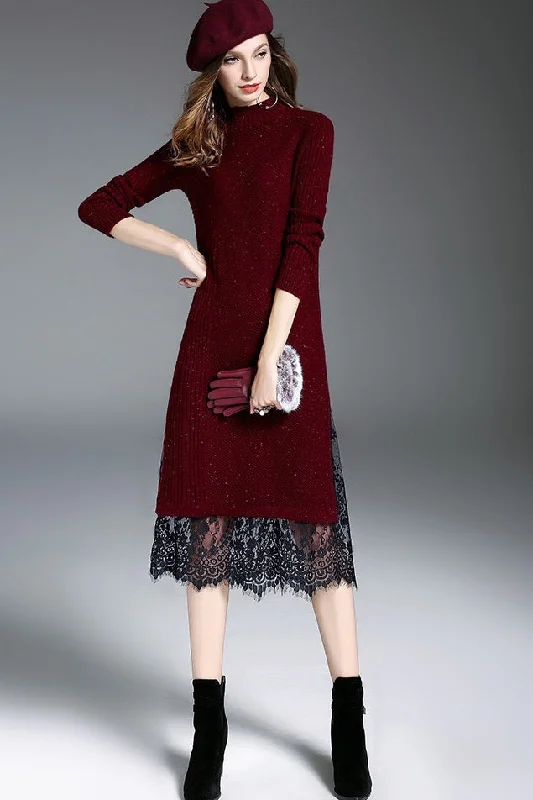 Sweater Dress W/ Lace Hem Mesh Sweater Canvas Denim