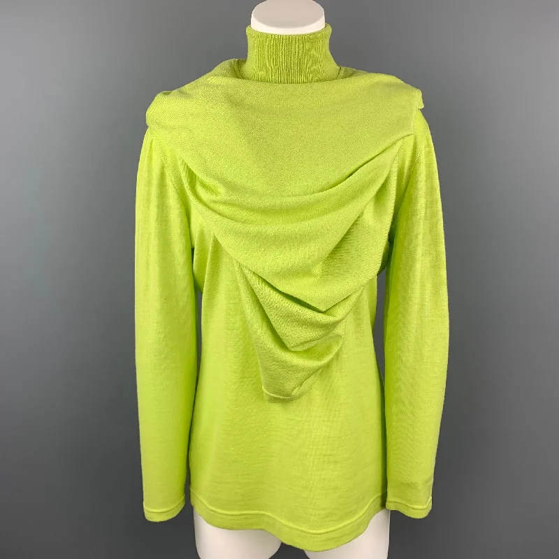 GIANNI VERSACE Size L Lime Green Wool Cape Overlay Turtleneck Sweater Herringbone Houndstooth Plaid