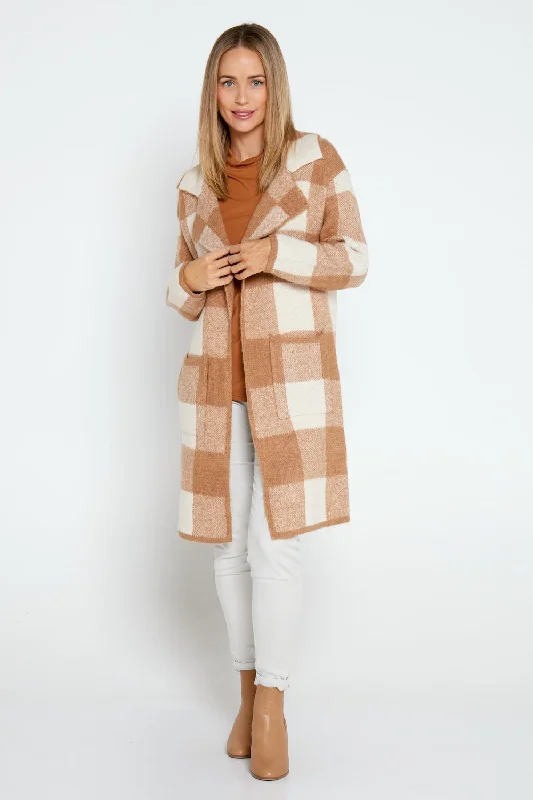 Jessa Wool Blend Knit Jacket - Brown/Cream Check Insulated Jacket Fitted Jacket Loose Jacket