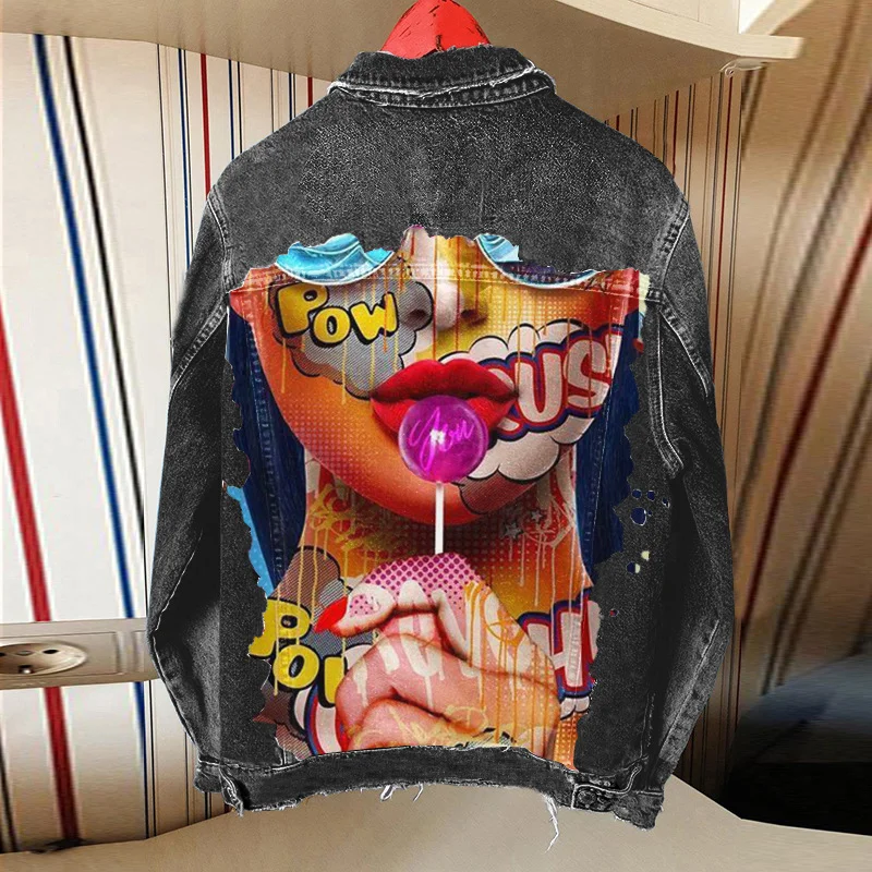Women Casual Long Sleeves Graphic Printed Single-Breasted Denim Jacket Print Jacket Jacquard Jacket Embroidered Jacket
