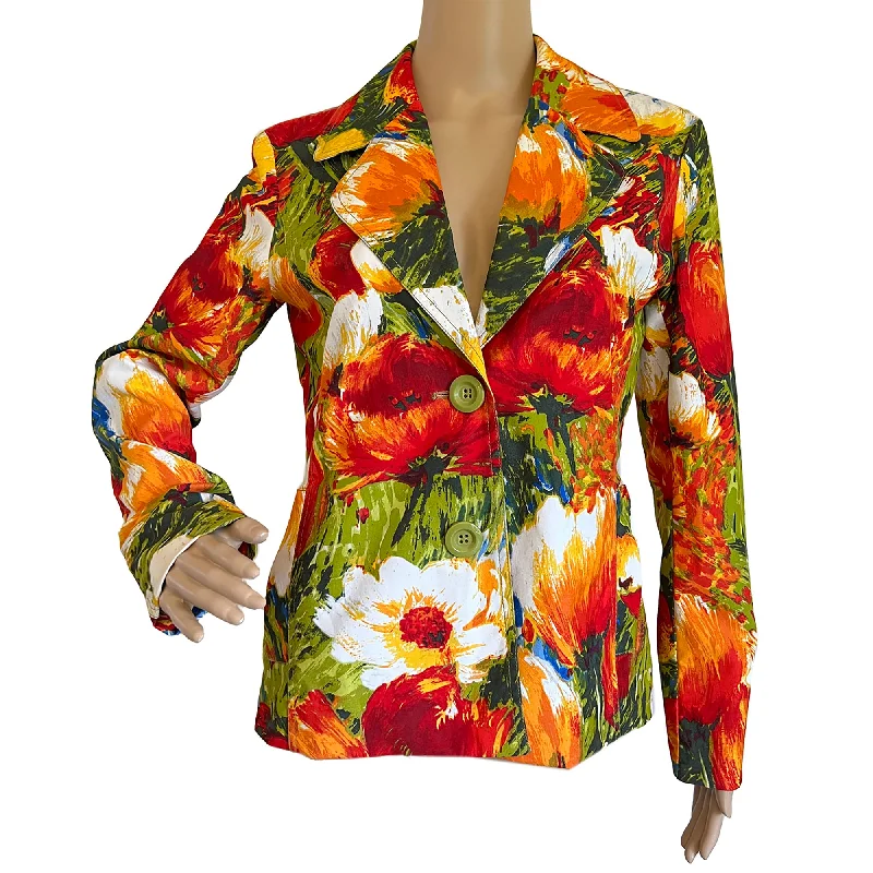 Chico's Multicolor Floral Stretch Cotton Blazer Jacket - Chico's 0 = Misses 4 Denim Jacket Leather Jacket Suede Jacket