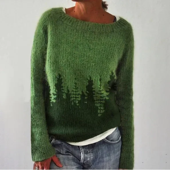 Women Fashion Round Neck Color Matching Knitted Long Sleeve Sweater Glossy Satin Silk
