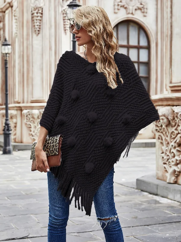 Autumn And Winter Women Fashion Solid Color Fur Ball Fringed Shawl Sweater Coat Sequined Glittery Shiny