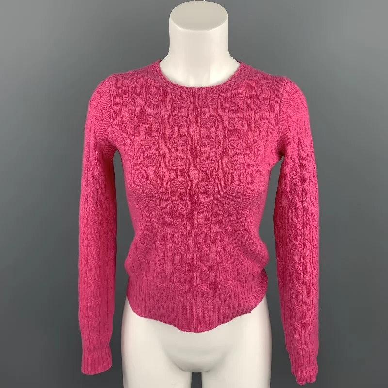 RALPH LAUREN Size S Fuchsia Cable Knit Cashmere Crew-Neck Sweater Thin Thick Dense