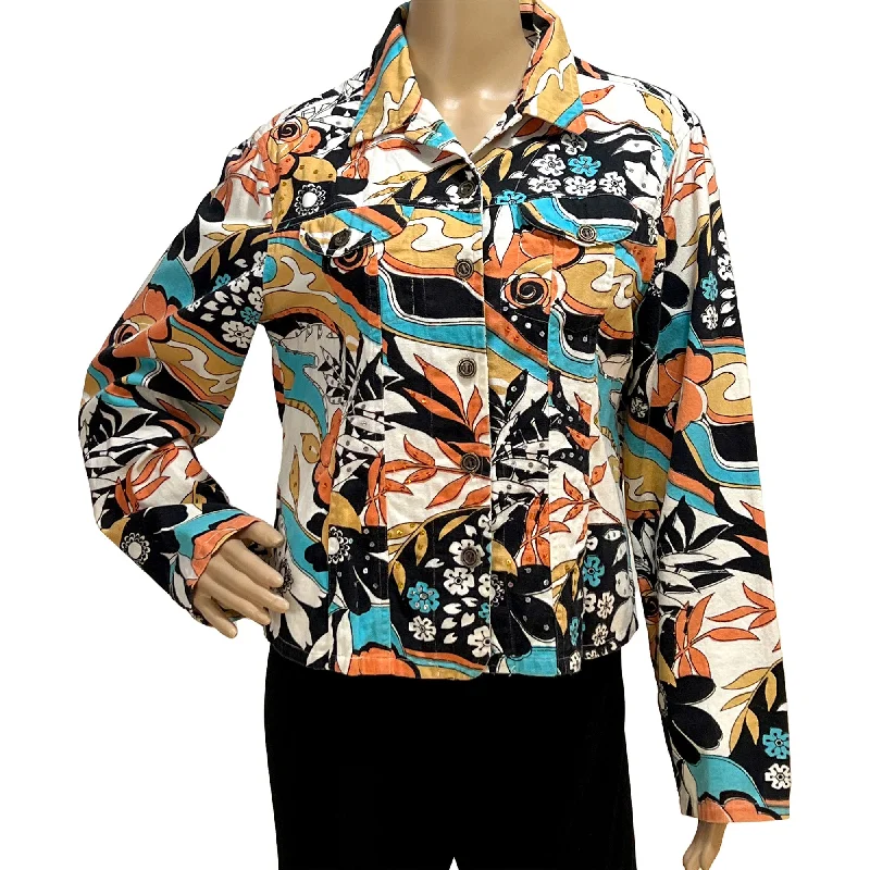 Shana K Floral Western Denim Jacket with Sequins. Size M. Blue, Peach, Black Bomber Jacket Anorak Windbreaker